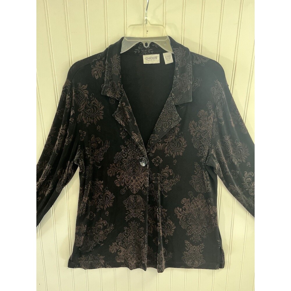 Chico's Travelers Women's Jacket Or Top Chocolate Velvet Burnout Sz  12/14 Lge